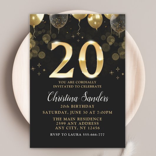 Elegant 20th Birthday Invitation with Gold Ballons Einladung