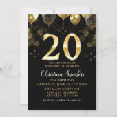 Elegant 20th Birthday Invitation with Gold Ballons Einladung (Vorderseite)