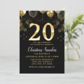 Elegant 20th Birthday Invitation with Gold Ballons Einladung (Stehend Vorderseite)