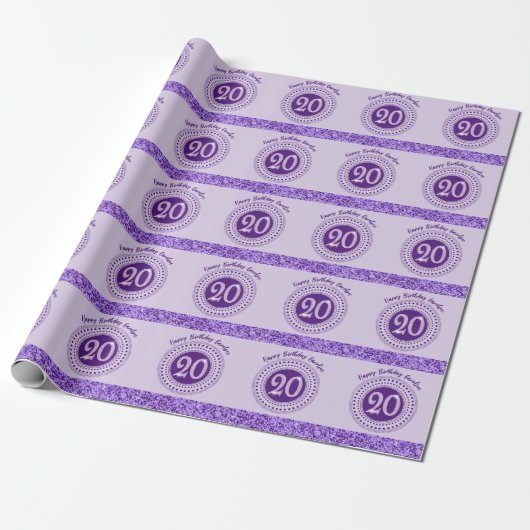 Elegant 20th Birthday Purple Glitter with Stripes Geschenkpapier (Ungerollt)