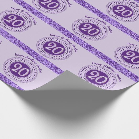 Elegant 20th Birthday Purple Glitter with Stripes Geschenkpapier (Ecke)