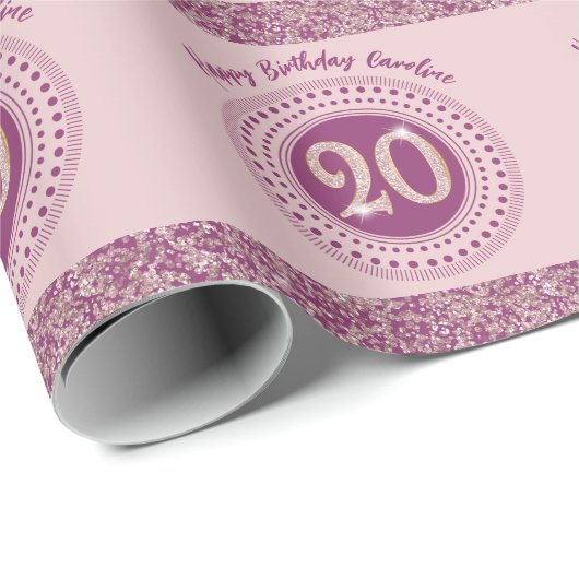 Elegant 20th Birthday Rose Gold Glitter & Stripes Geschenkpapier (Rolleneckpunkt)