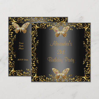 Elegant 21. Geburtstag Black Gold Butterfly Einladung
