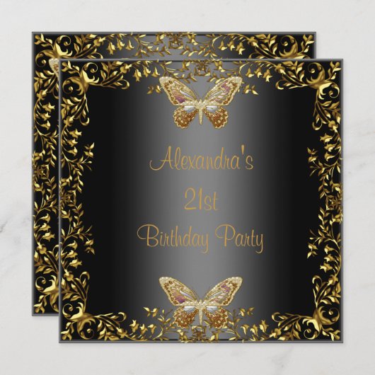Elegant 21. Geburtstag Black Gold Butterfly Einladung (Vorne/Hinten)