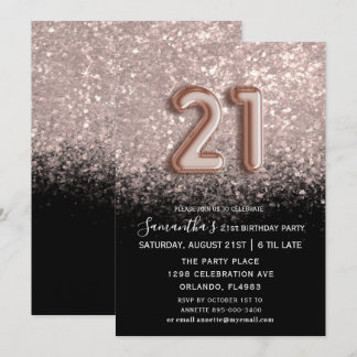 Elegant 21. Geburtstag Black & Rose Gold Glitzer Einladung