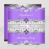 Elegant 21. Geburtstag Party Lila Silber 21 Einladung (Vorne/Hinten)
