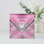 Elegant 21. Geburtstag Party Pink Silver Diamond Einladung (Stehend Vorderseite)