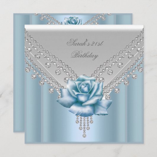 Elegant 21. Geburtstag Party White Blue Rose Einladung (Vorne/Hinten)