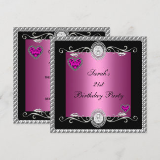 Elegant 21. Geburtstag Pink Black Heart Jewel Einladung