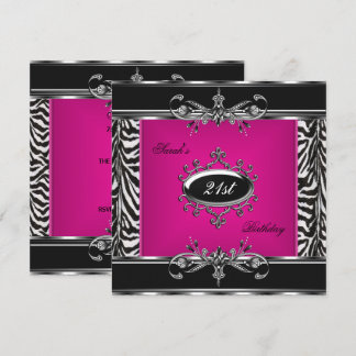 Elegant 21. Geburtstag Pink Zebra Black Silver Einladung