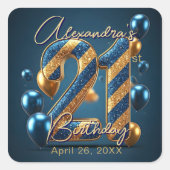 Elegant 21st Birthday Blue Gold Glitter Stripes Quadratischer Aufkleber (Vorderseite)