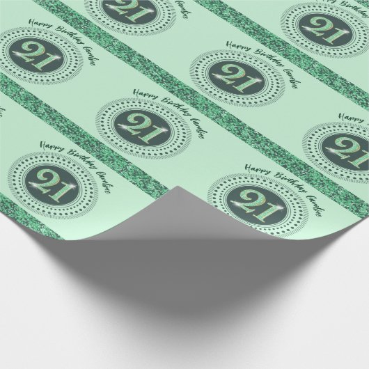 Elegant 21st Birthday Green Glitter with Stripes Geschenkpapier (Ecke)