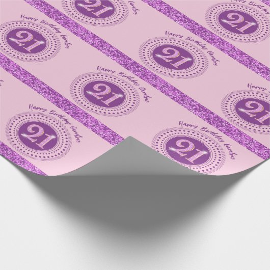 Elegant 21st Birthday Pink Glitter with Stripes Geschenkpapier (Ecke)