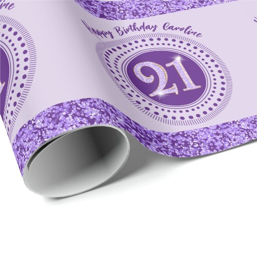 Elegant 21st Birthday Purple Glitter with Stripes Geschenkpapier (Rolleneckpunkt)
