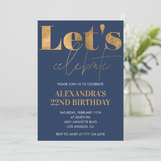Elegant 22. Geburtstag Einladungen Navy Gold (Stehend Vorderseite)