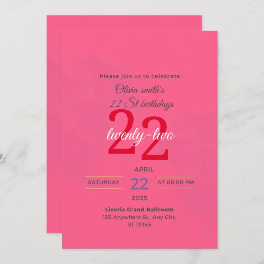 Elegant 22. Geburtstag Hot Pink Einladung (Vorne/Hinten)