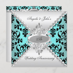 Elegant 25. Hochzeitstag Aquamarin Blue Damask Einladung