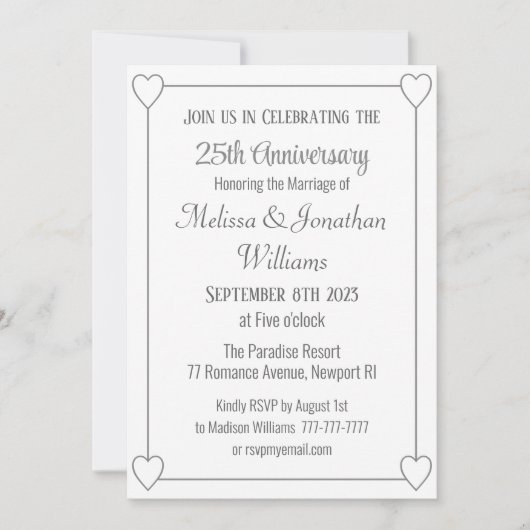 Elegant 25. Jubiläum Romantic Hearts Silver Einladung (Vorderseite)