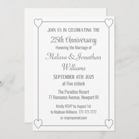 Elegant 25. Jubiläum Romantic Hearts Silver Einladung (Vorne/Hinten)
