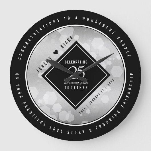 Elegant 25. Silberhochzeit Große Wanduhr (Vorderseite)