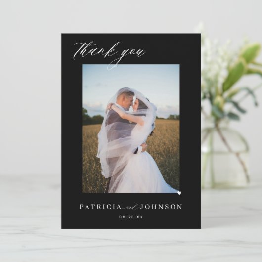 Elegant 2 Foto elegante Drehbuch Schwarze Hochzeit Dankeskarte (Stehend Vorderseite)