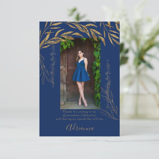 Elegant 2 Foto Royal Blue und Gold Leaf Dankeskarte (Stehend Vorderseite)