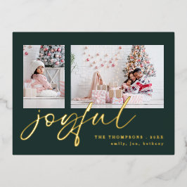 Elegant 2 Foto Script Joyful Christmas Green Folien Feiertagspostkarte