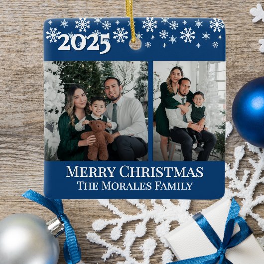 Elegant 2 Photo Blue Keepsake Family Photo Keramikornament
