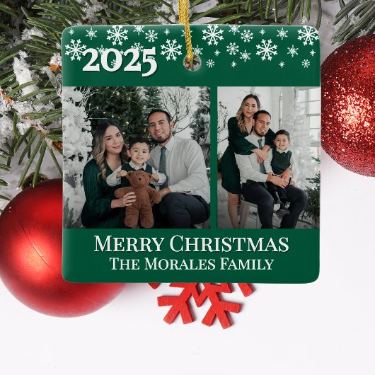 Elegant 2 Photo Green Keepsake Family Photo Keramikornament