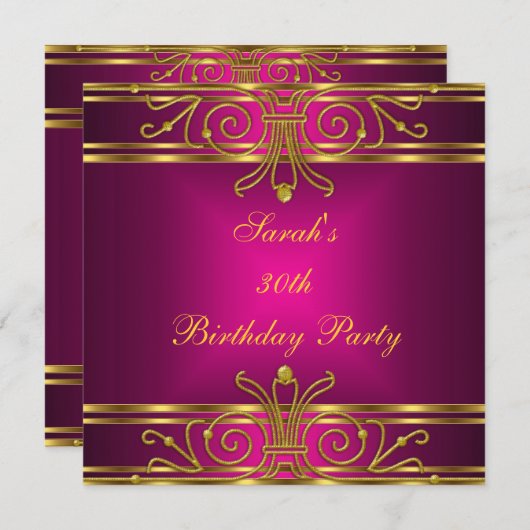 Elegant 30. Geburtstag Fuchsia Pink Gold Einladung (Vorne/Hinten)