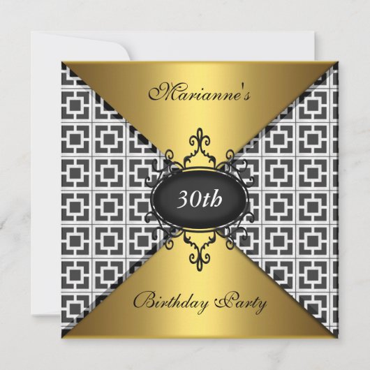 Elegant 30. Geburtstag Schwarz-weiß & Gold Einladung (Vorderseite)
