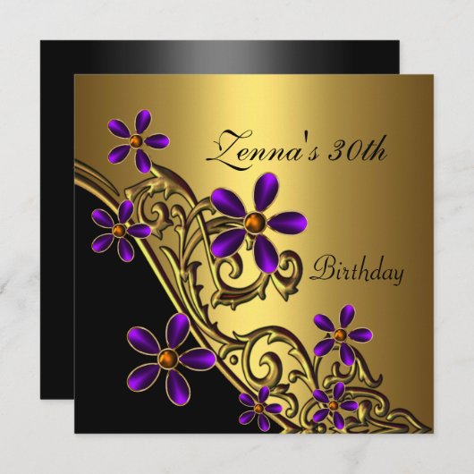 Elegant 30. Geburtstag Schwarzes Lila Gold Einladung (Vorne/Hinten)