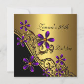 Elegant 30. Geburtstag Schwarzes Lila Gold Einladung (Vorderseite)