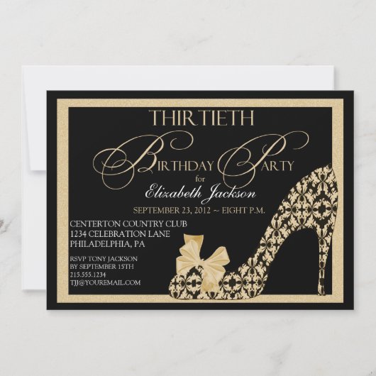Elegant 30. Gold & Black Damask Einladung (Vorderseite)