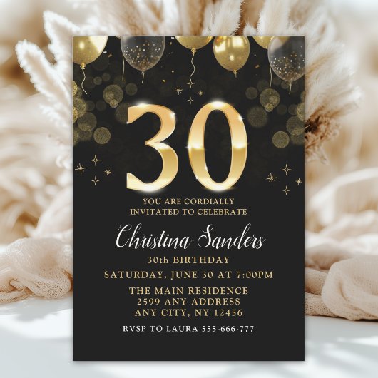 Elegant 30th Birthday Invitation with Gold Ballons Einladung