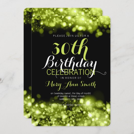 Elegant 30th Birthday Party Green Sparkling Lights Einladung (Vorne/Hinten)