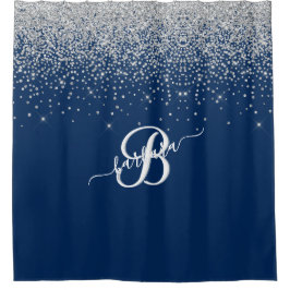 Elegant 3 Color Monogram Blue Silver Sparkle Duschvorhang