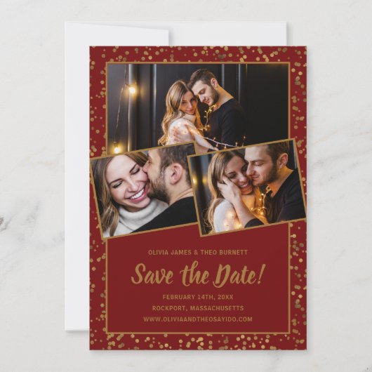 Elegant 3 Foto Burgundy Red Gold Save The Date (Vorderseite)