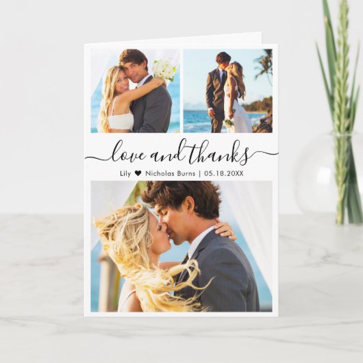 Elegant 3 Foto Collage Script Heart Wedding Dankeskarte (Vorderseite)