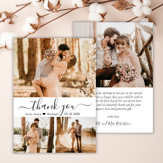 Elegant 3 Foto Collage Script Heart Wedding Dankeskarte