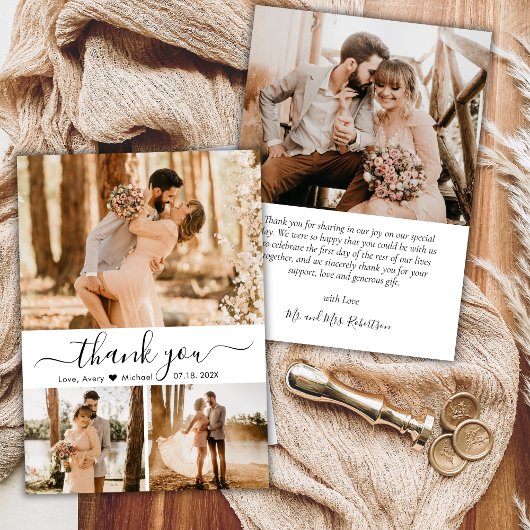 Elegant 3 Foto Collage Script Heart Wedding Dankeskarte