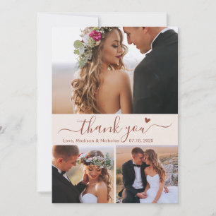 Elegant 3 Foto Collage Terracotta Script Wedding Dankeskarte
