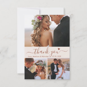 Elegant 3 Foto Collage Terracotta Script Wedding Dankeskarte