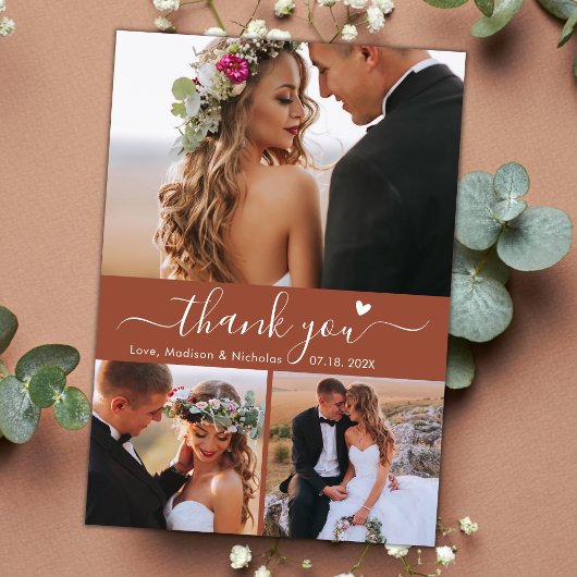Elegant 3 Foto Collage Terracotta Script Wedding Dankeskarte