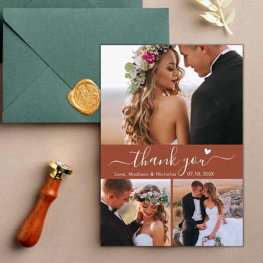 Elegant 3 Foto Collage Terracotta Script Wedding Dankeskarte