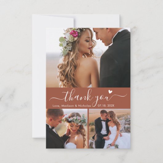 Elegant 3 Foto Collage Terracotta Script Wedding Dankeskarte (Vorderseite)