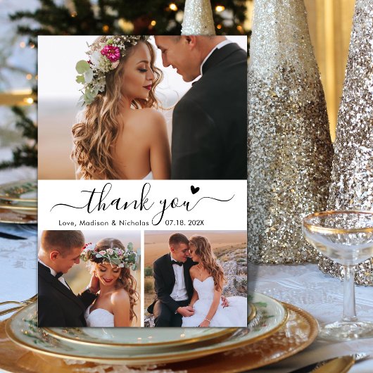 Elegant 3 Foto Collage Typografy Script Wedding Dankeskarte