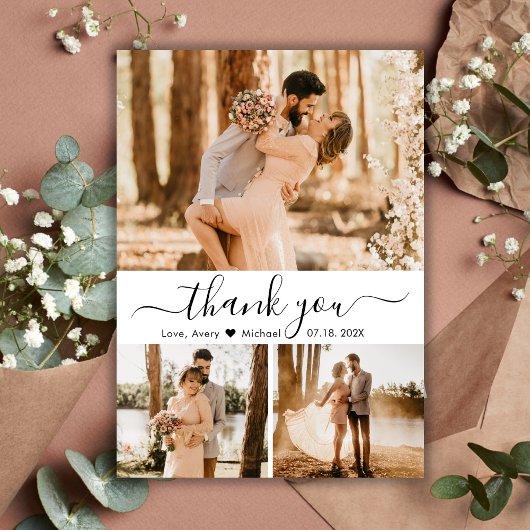 Elegant 3 Foto Collage Typografy Script Wedding Dankeskarte