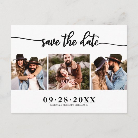 Elegant 3 Foto Collage Wedding Save the Date Postkarte (Vorderseite)