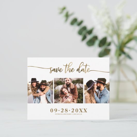 Elegant 3 Foto Collage Wedding Save the Date Postkarte (Stehend Vorderseite)